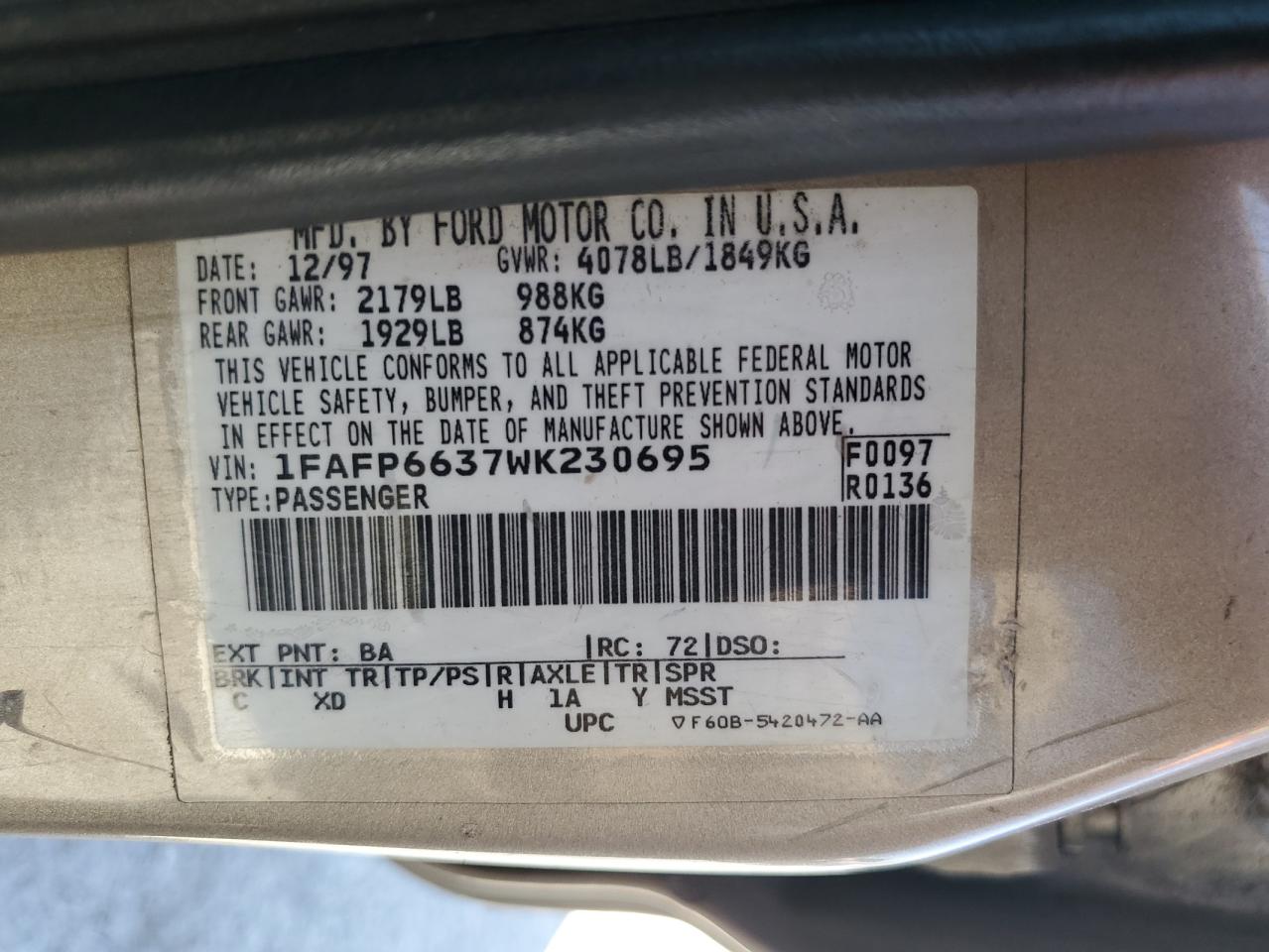 1998 Ford Contour Lx VIN: 1FAFP6637WK230695 Lot: 60154804