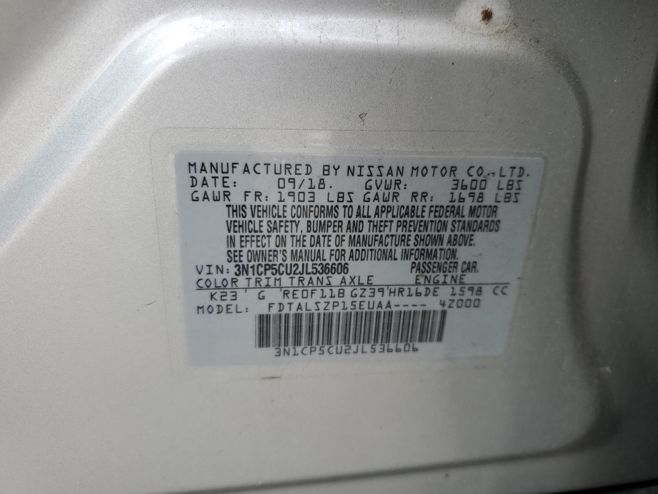 2018 Nissan Kicks S VIN: 3N1CP5CU2JL536606 Lot: 58950594