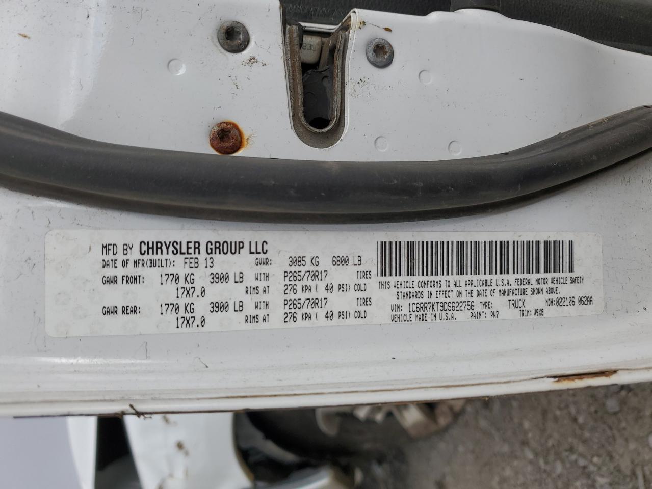 2013 Ram 1500 St VIN: 1C6RR7KT9DS622756 Lot: 60073754