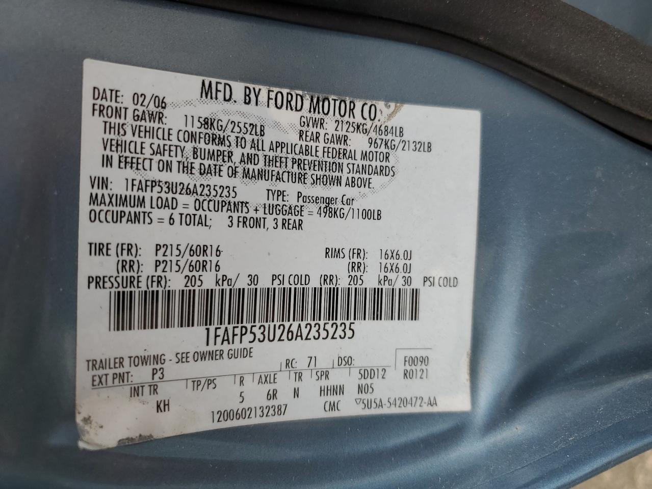 2006 Ford Taurus Se VIN: 1FAFP53U26A235235 Lot: 59049254