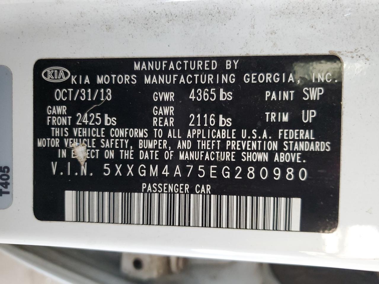 2014 Kia Optima Lx VIN: 5XXGM4A75EG280980 Lot: 57476434