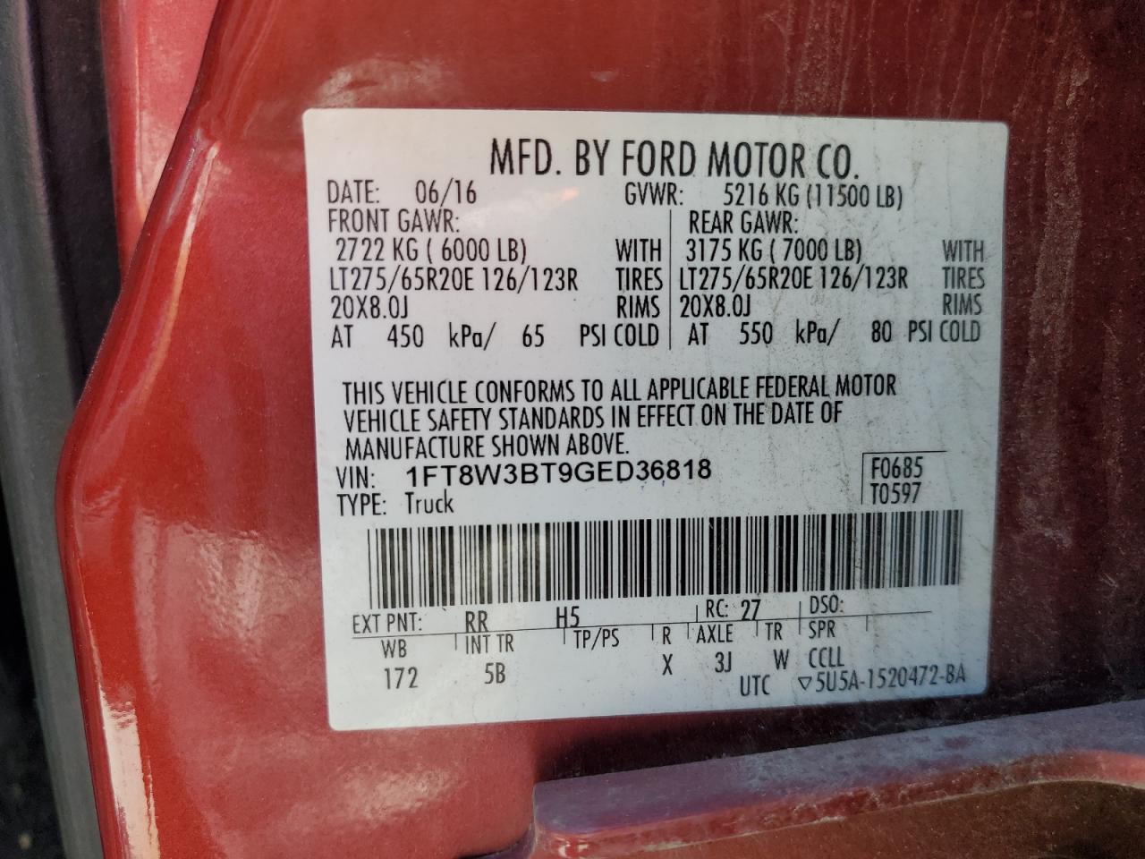 2016 Ford F350 Super Duty VIN: 1FT8W3BT9GED36818 Lot: 57860514