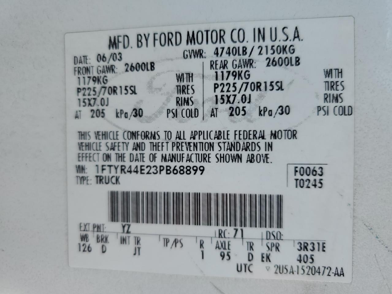 2003 Ford Ranger Super Cab VIN: 1FTYR44E23PB68899 Lot: 61272684