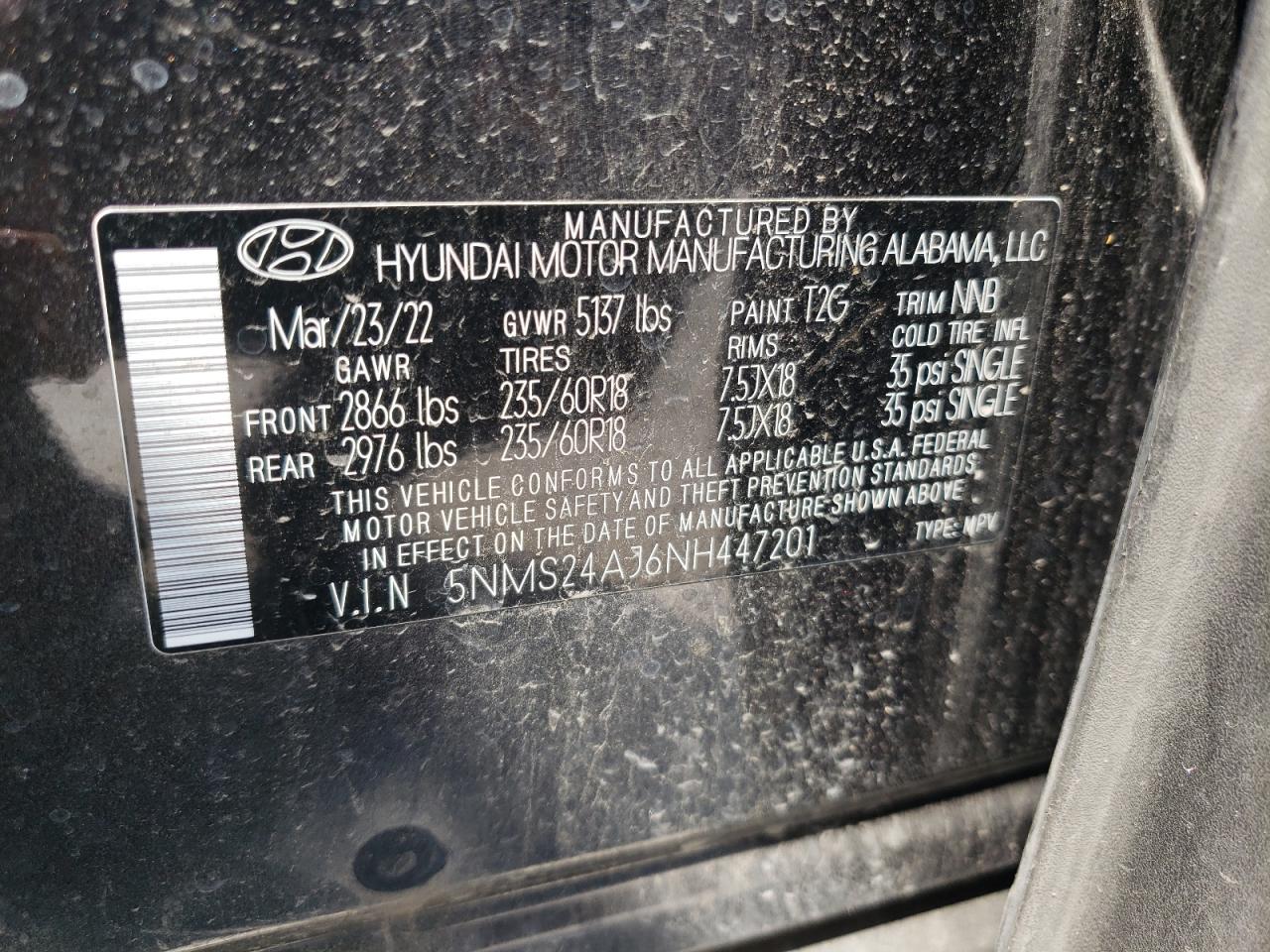 2022 Hyundai Santa Fe Sel VIN: 5NMS24AJ6NH447201 Lot: 57583354