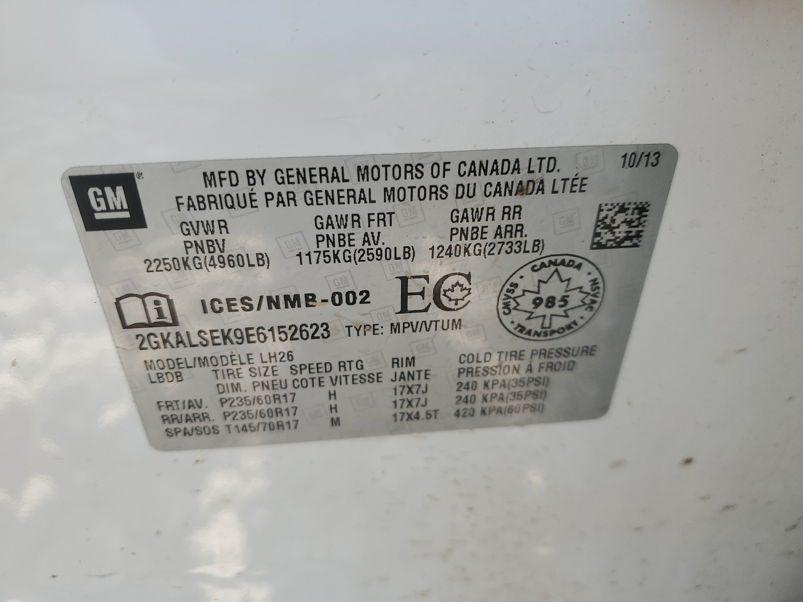 2GKALSEK9E6152623 2014 GMC Terrain Slt