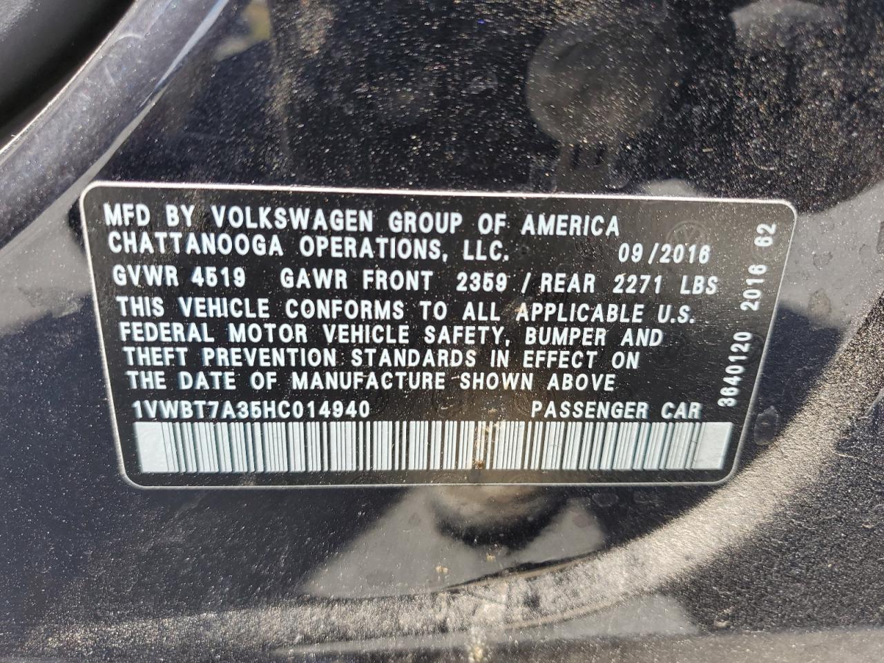 2017 Volkswagen Passat Se VIN: 1VWBT7A35HC014940 Lot: 57395184