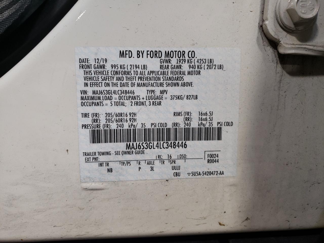 MAJ6S3GL4LC348446 2020 Ford Ecosport Se