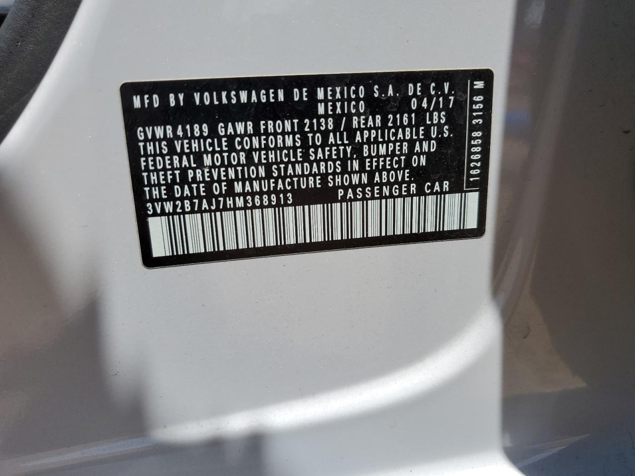 2017 Volkswagen Jetta S VIN: 3VW2B7AJ7HM368913 Lot: 59053904