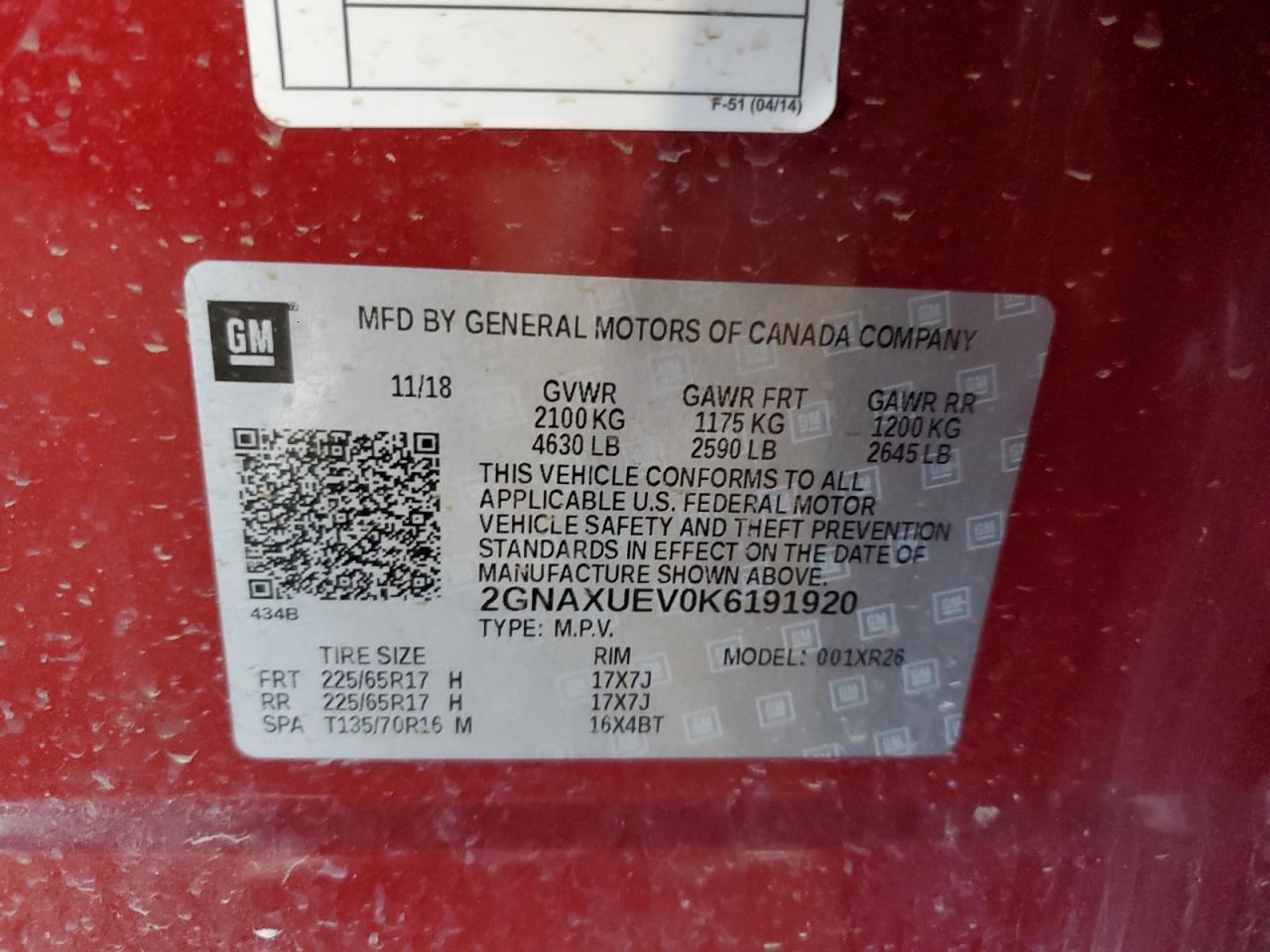 2019 Chevrolet Equinox Lt VIN: 2GNAXUEV0K6191920 Lot: 59288324