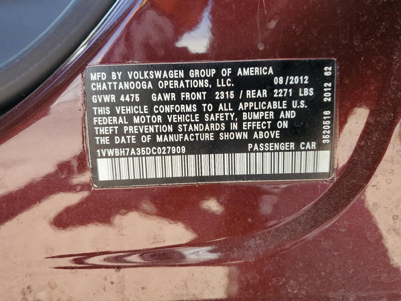 2013 Volkswagen Passat Se VIN: 1VWBH7A35DC027909 Lot: 60648284