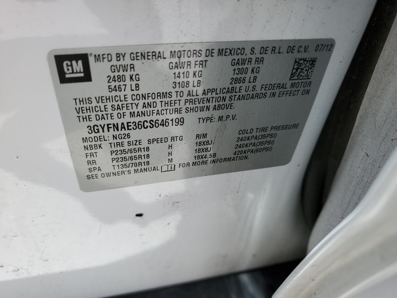 3GYFNAE36CS646199 2012 Cadillac Srx Luxury Collection