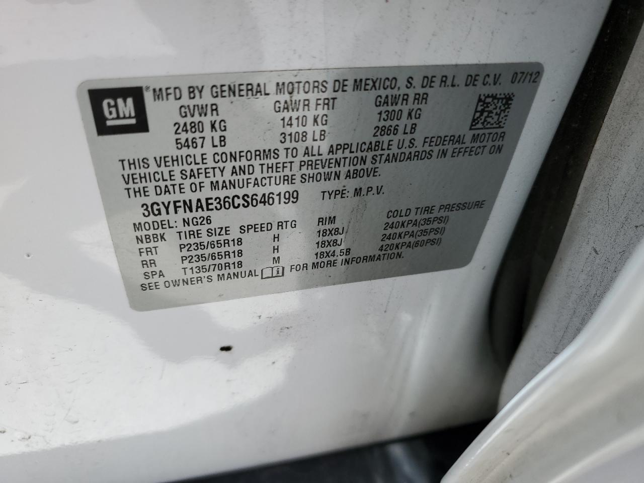 2012 Cadillac Srx Luxury Collection VIN: 3GYFNAE36CS646199 Lot: 57484044