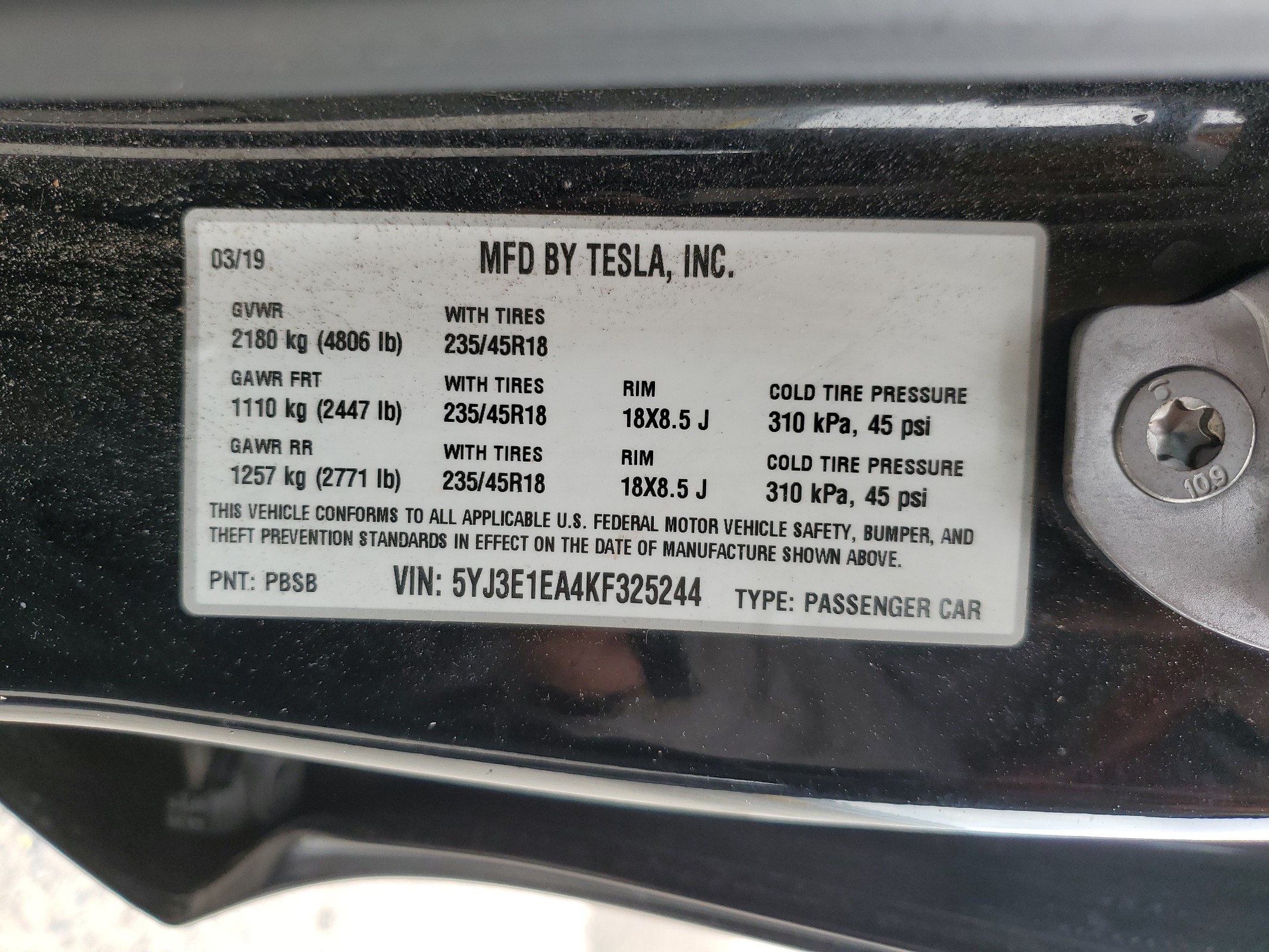 5YJ3E1EA4KF325244 2019 Tesla Model 3