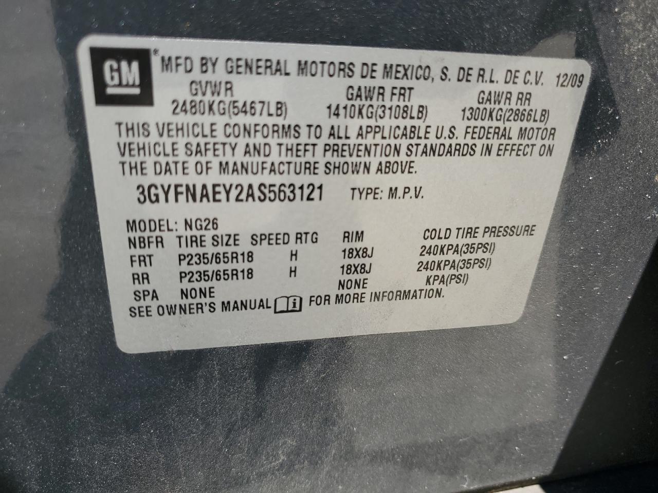 2010 Cadillac Srx Luxury Collection VIN: 3GYFNAEY2AS563121 Lot: 59920254