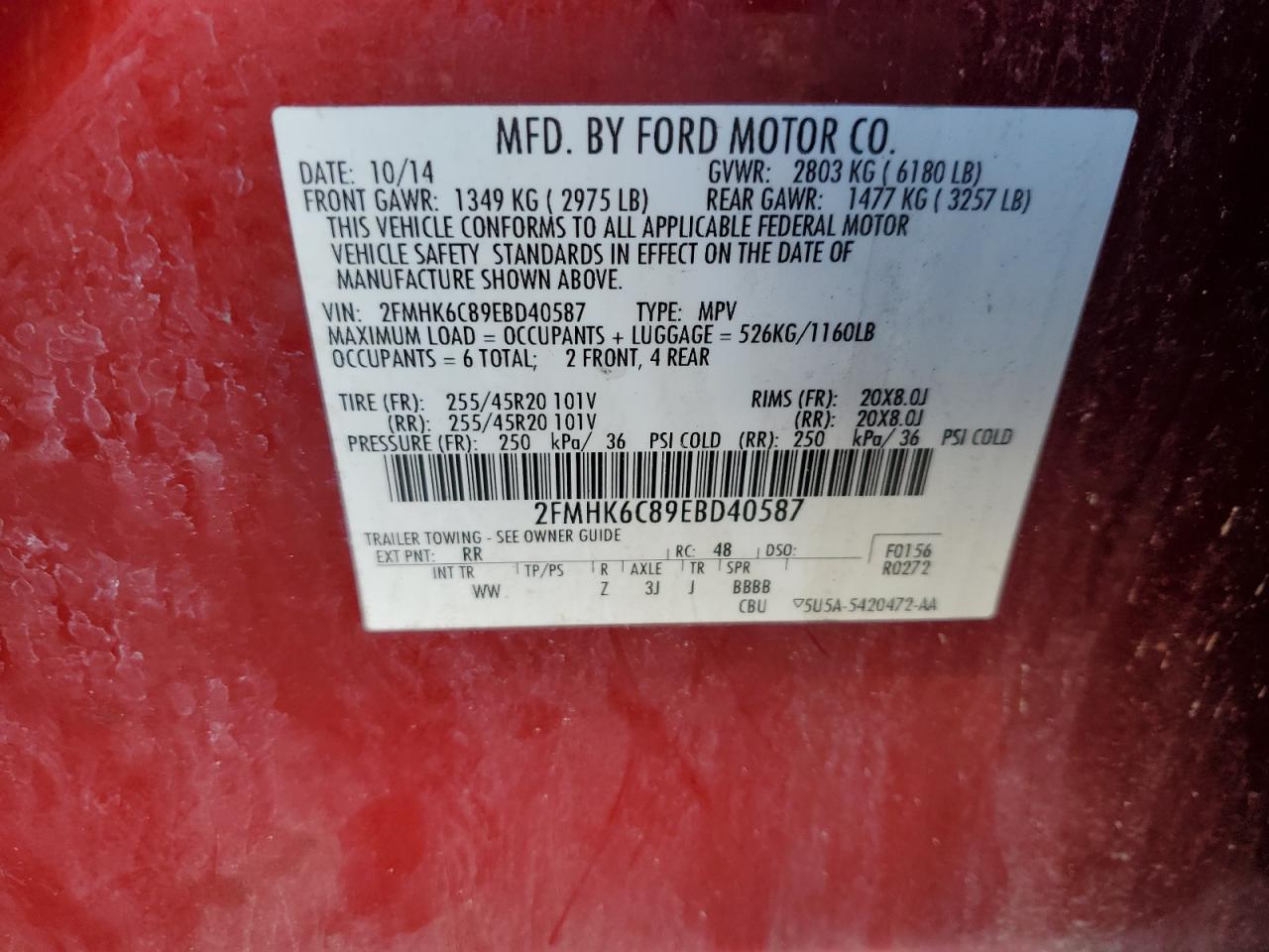 2014 Ford Flex Sel VIN: 2FMHK6C89EBD40587 Lot: 59545024