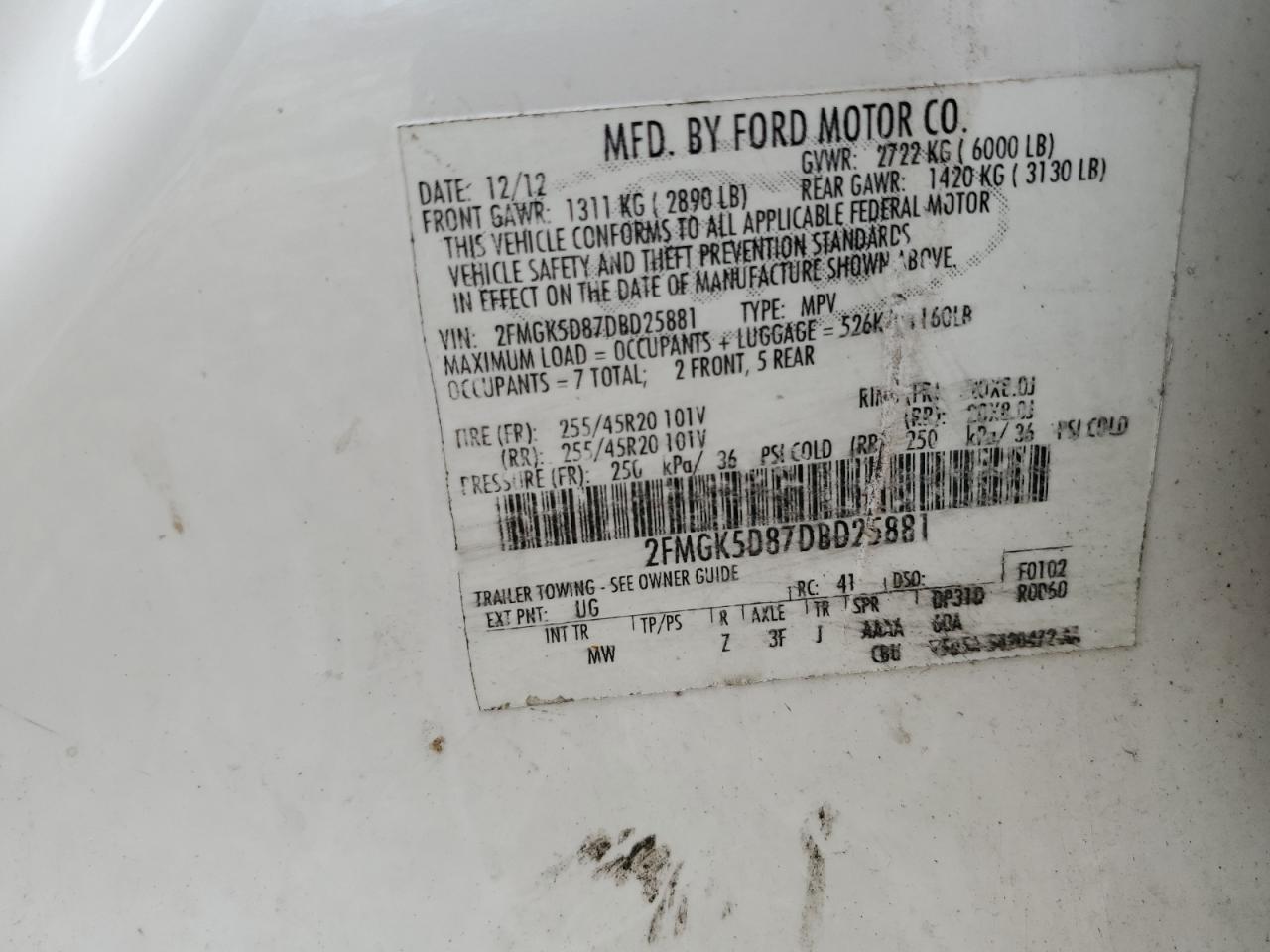 2013 Ford Flex Limited VIN: 2FMGK5D87DBD25881 Lot: 58944654