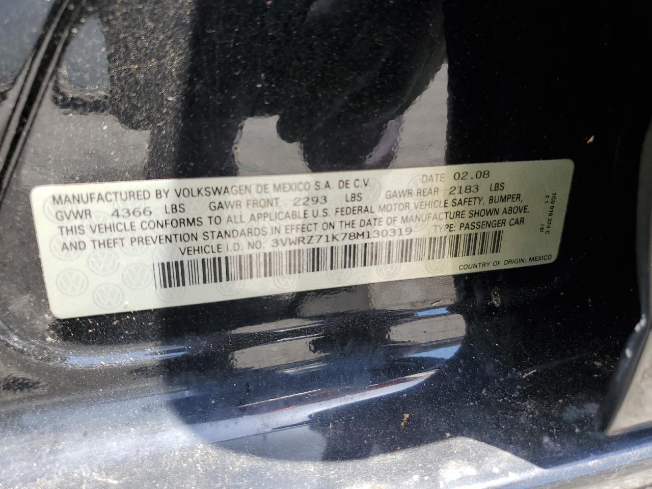 2008 Volkswagen Jetta Se VIN: 3VWRZ71K78M130319 Lot: 57369594