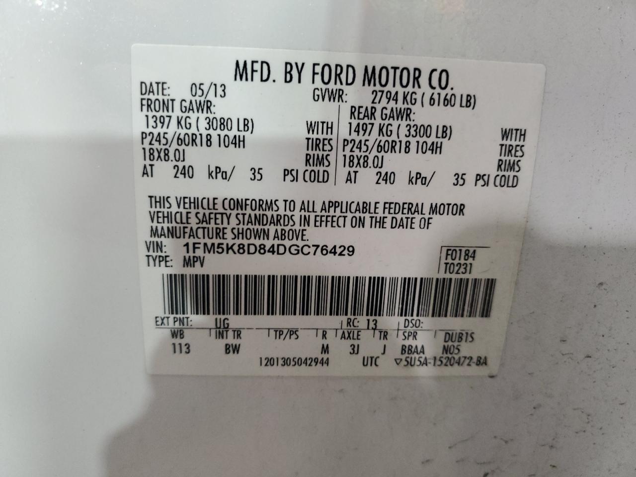 2013 Ford Explorer Xlt VIN: 1FM5K8D84DGC76429 Lot: 60489664