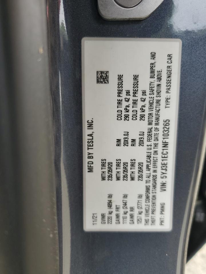 5YJ3E1EC1NF103265 2022 Tesla Model 3