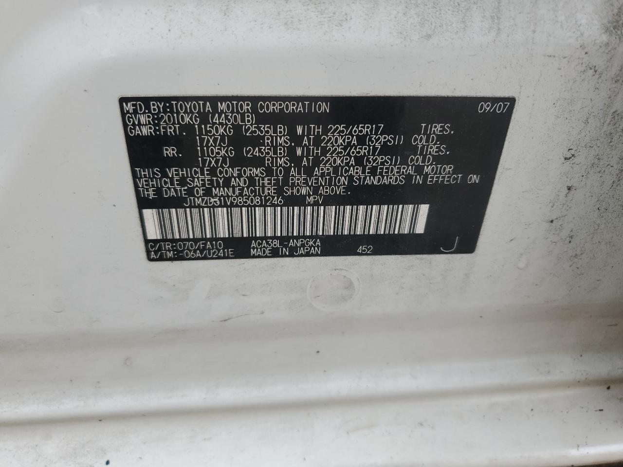 2008 Toyota Rav4 Limited VIN: JTMZD31V985081246 Lot: 59801374