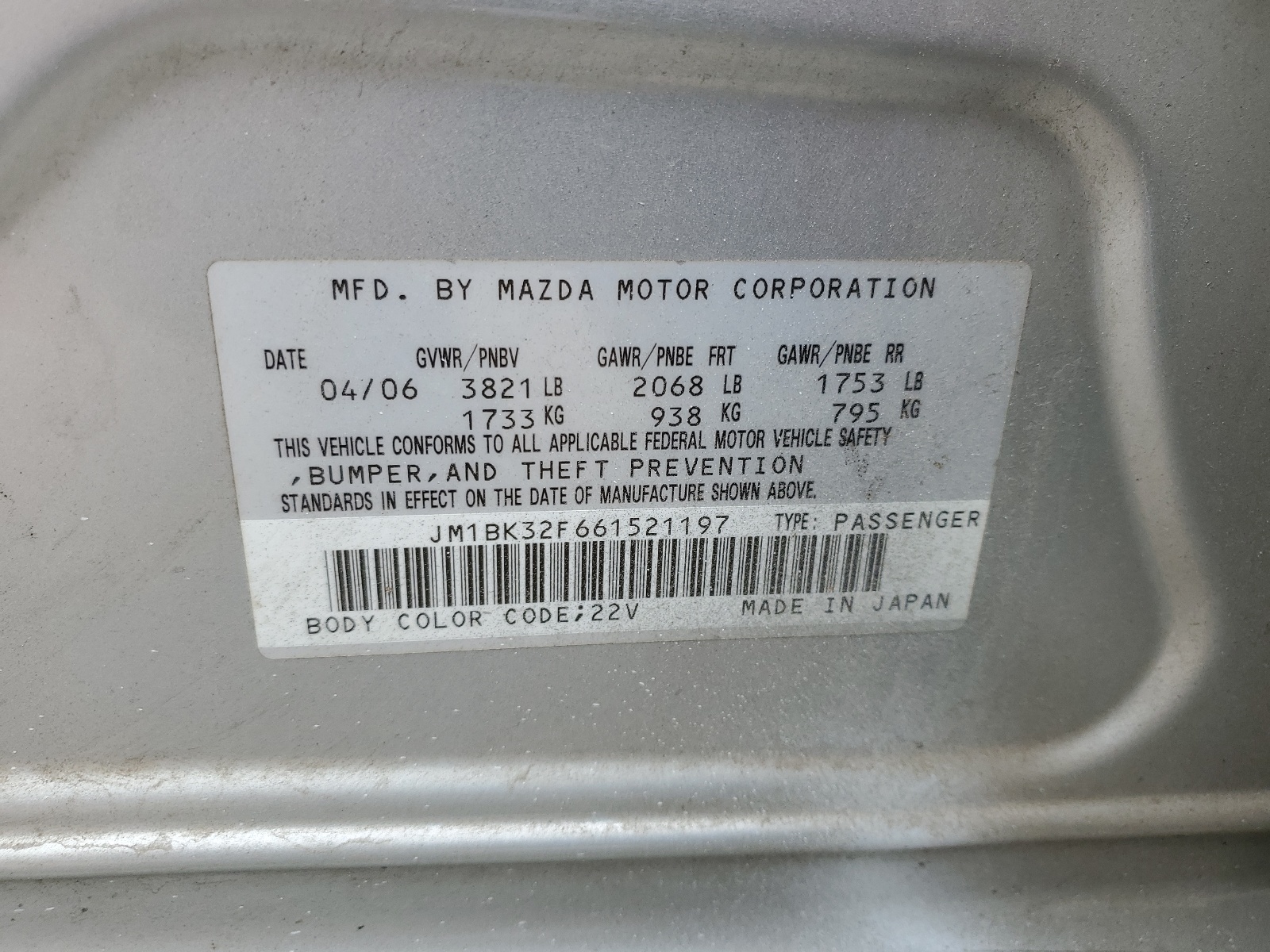 JM1BK32F661521197 2006 Mazda 3 I