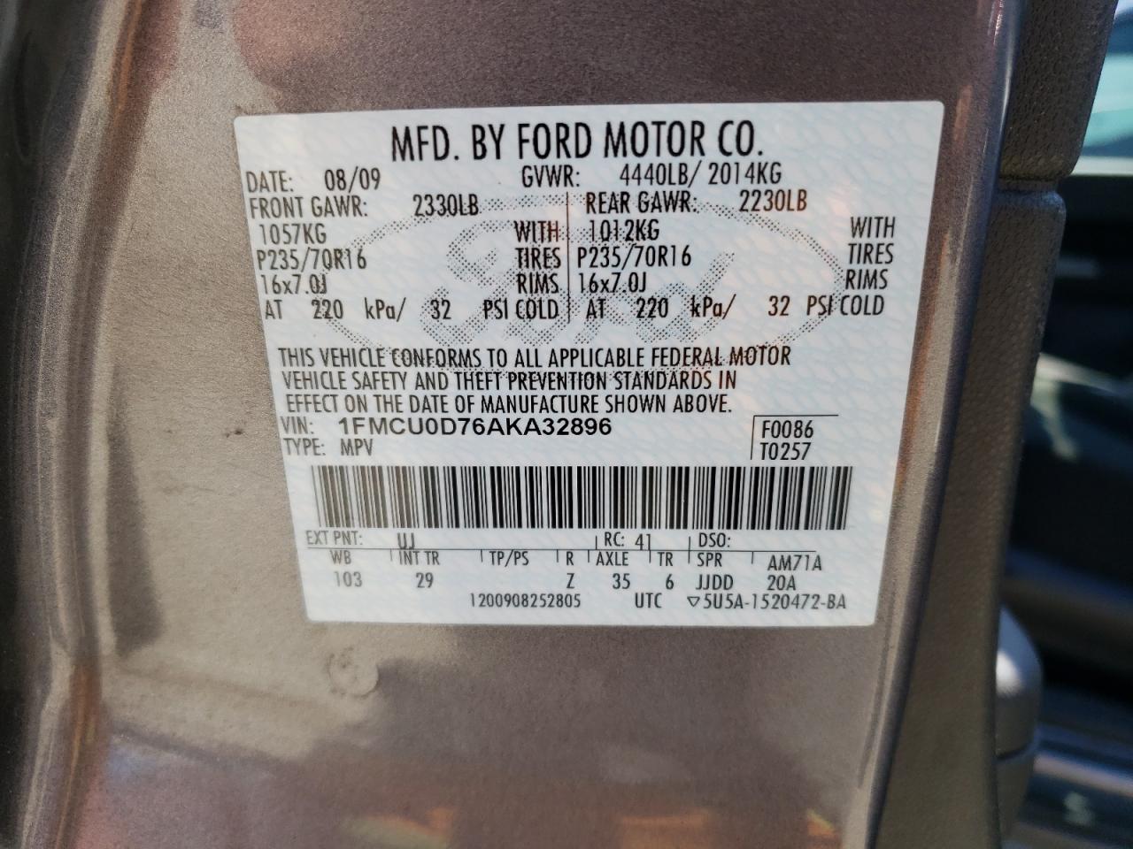 2010 Ford Escape Xlt VIN: 1FMCU0D76AKA32896 Lot: 60448144