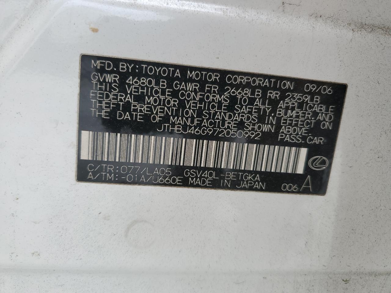 2007 Lexus Es 350 VIN: JTHBJ46G972050992 Lot: 61306154