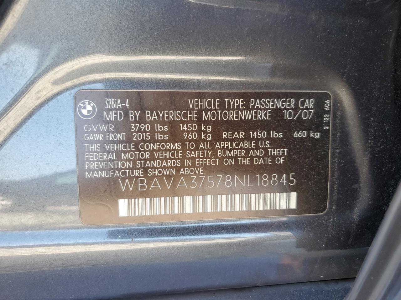 2008 BMW 328 I VIN: WBAVA37578NL18845 Lot: 60088964