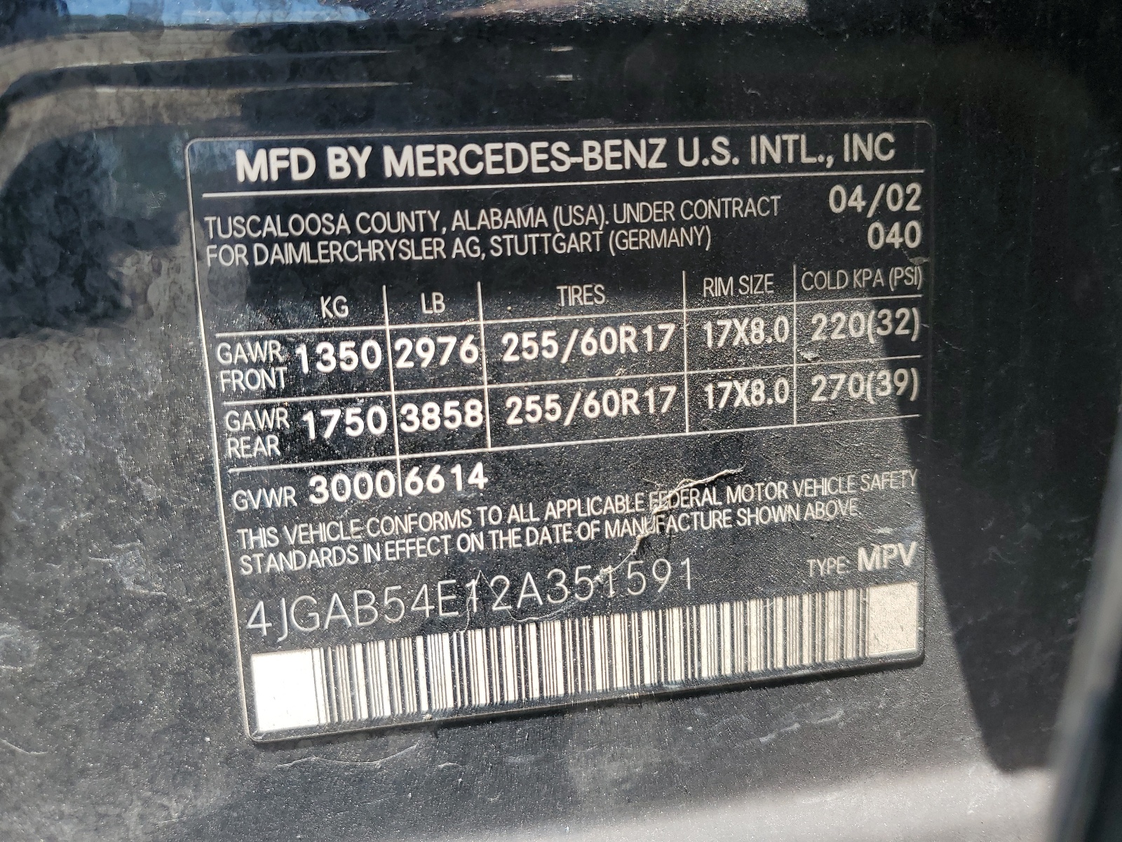 4JGAB54E12A351591 2002 Mercedes-Benz Ml 320