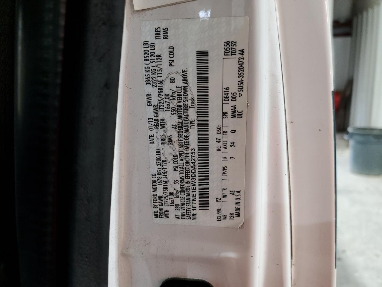 2013 Ford Econoline E150 Van VIN: 1FTNE1EW3DDA42753 Lot: 60506184