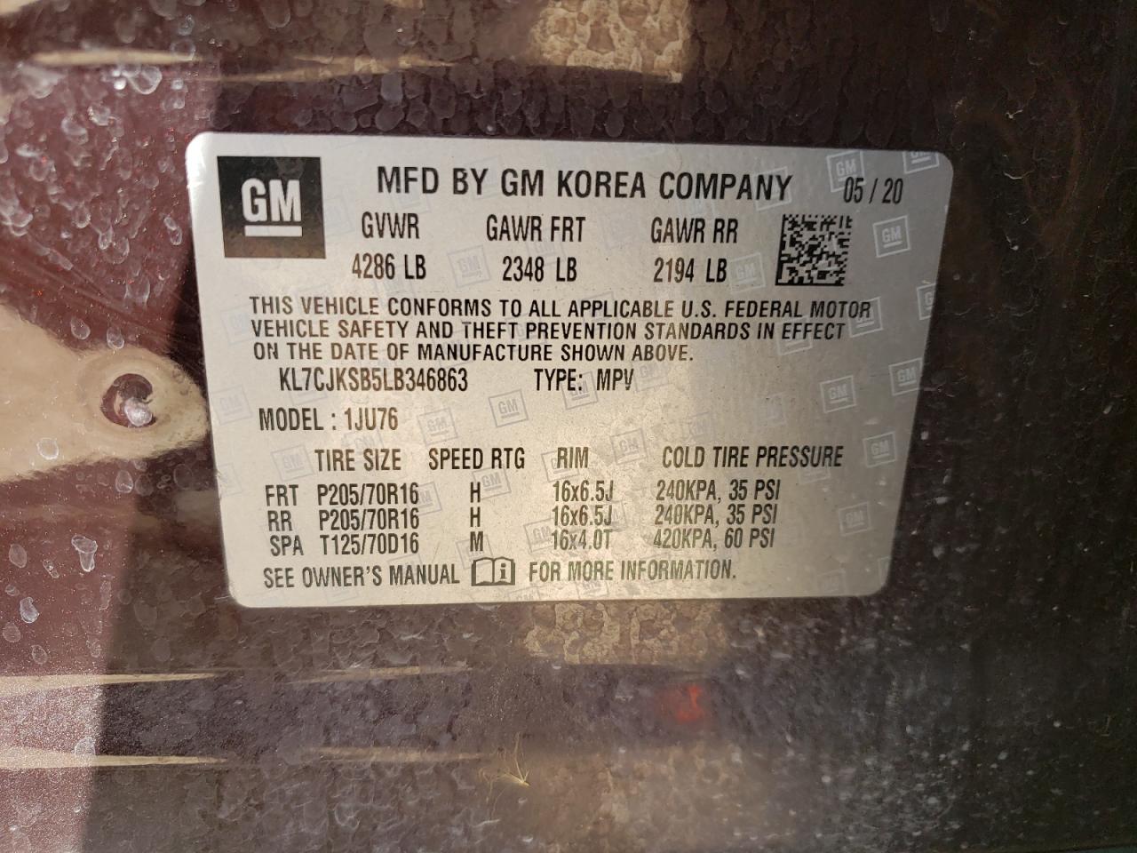 KL7CJKSB5LB346863 2020 Chevrolet Trax Ls