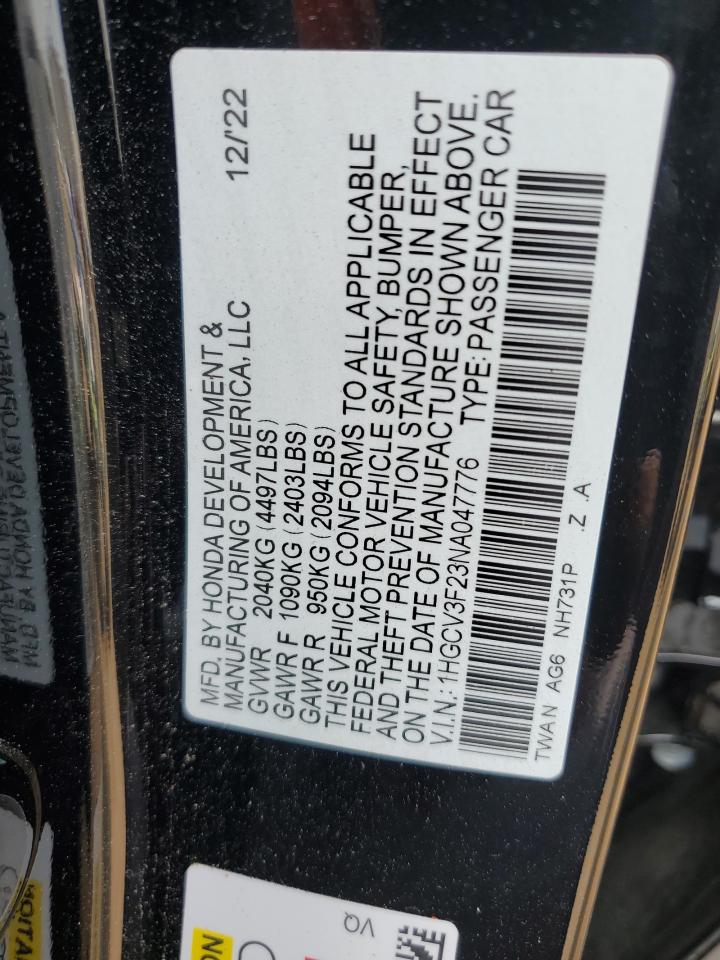 2022 Honda Accord Hybrid Sport VIN: 1HGCV3F23NA047776 Lot: 60112894