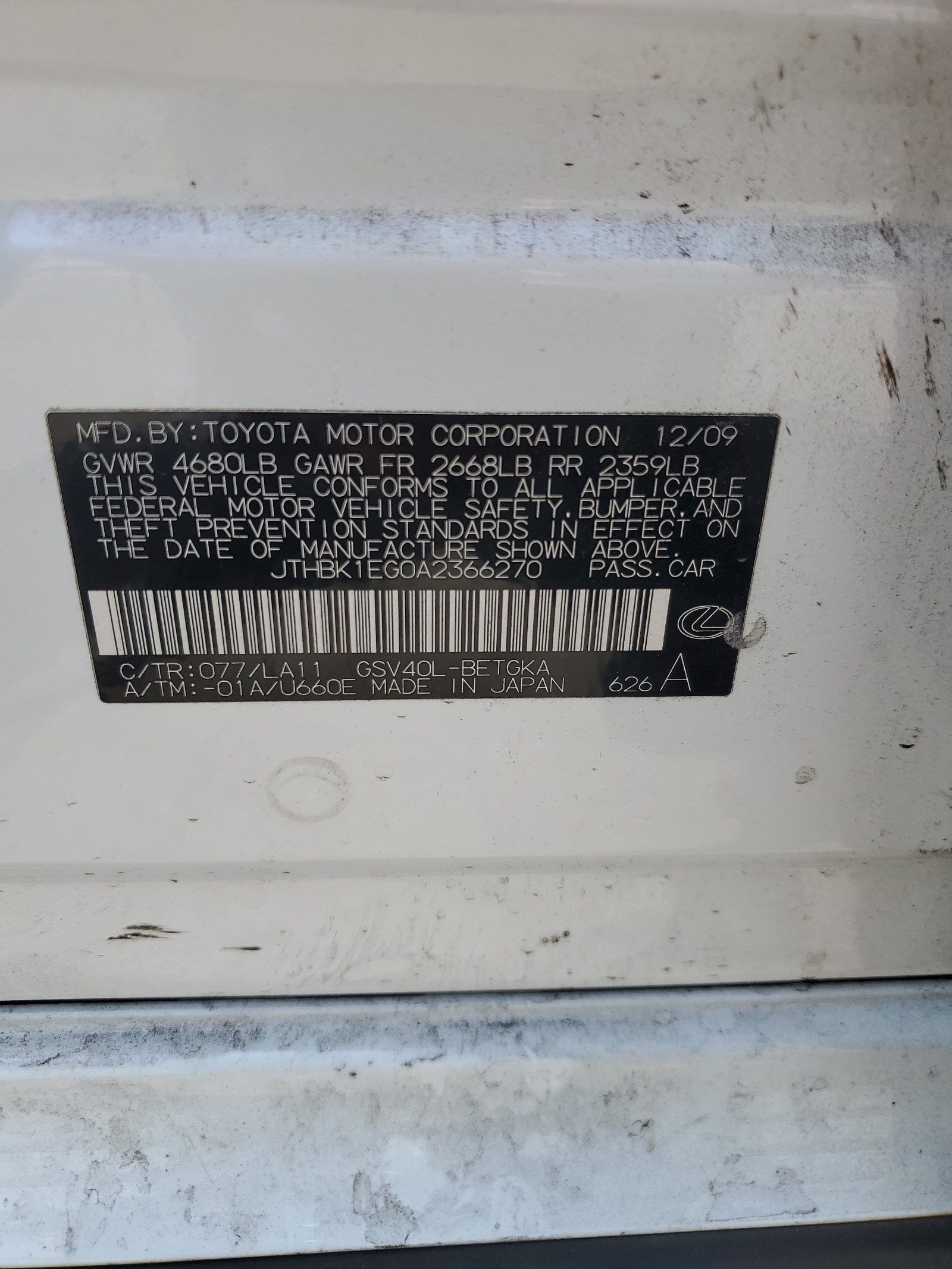 JTHBK1EG0A2366270 2010 Lexus Es 350