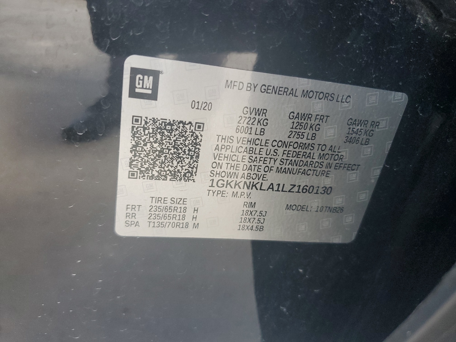 1GKKNKLA1LZ160130 2020 GMC Acadia Sle