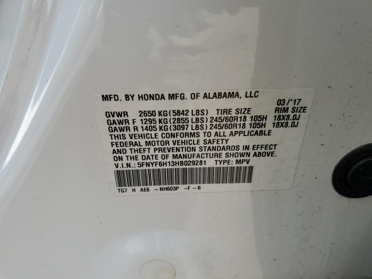 2017 Honda Pilot Lx VIN: 5FNYF6H13HB029281 Lot: 59317084