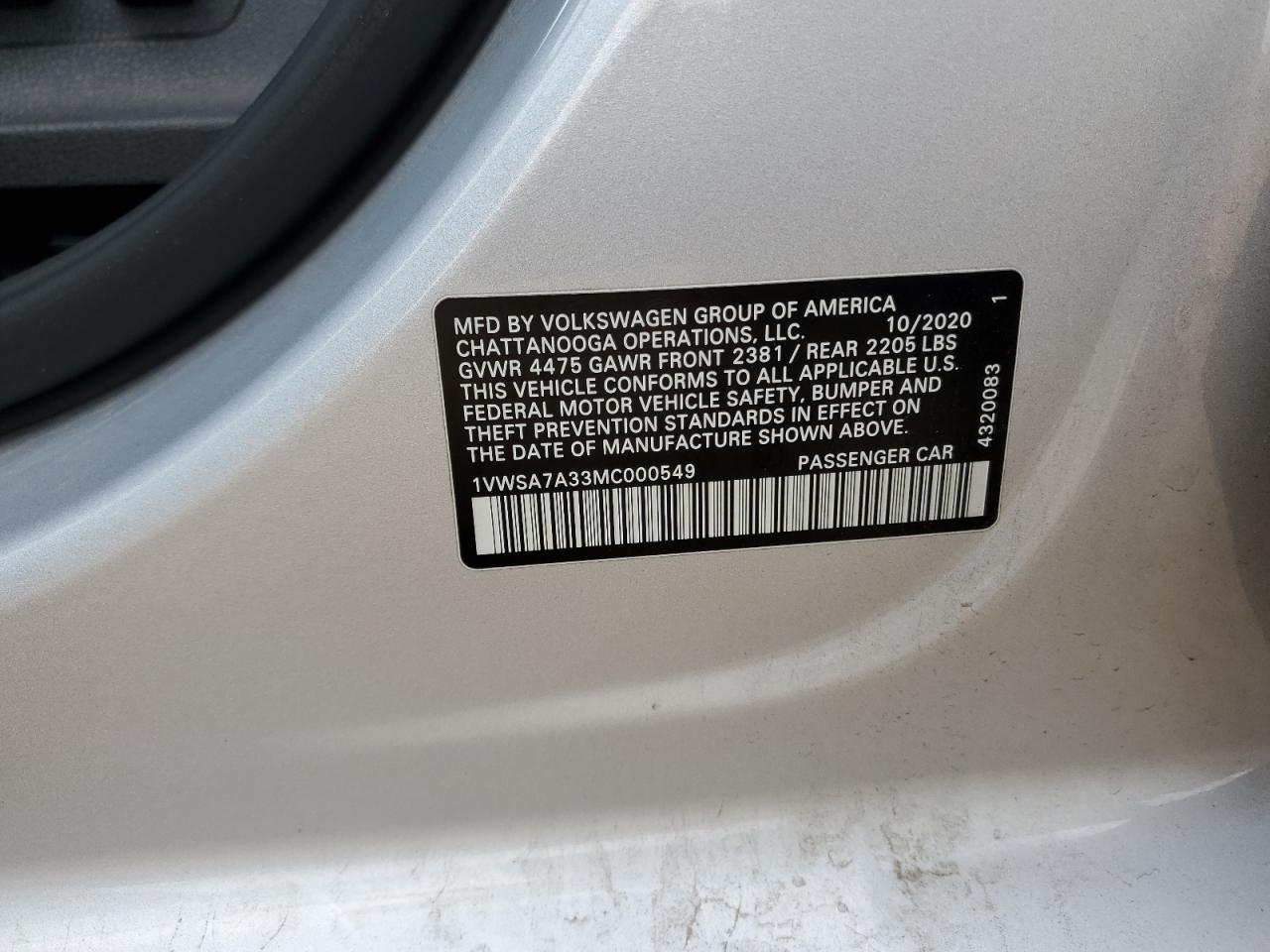 2021 Volkswagen Passat Se VIN: 1VWSA7A33MC000549 Lot: 58578254