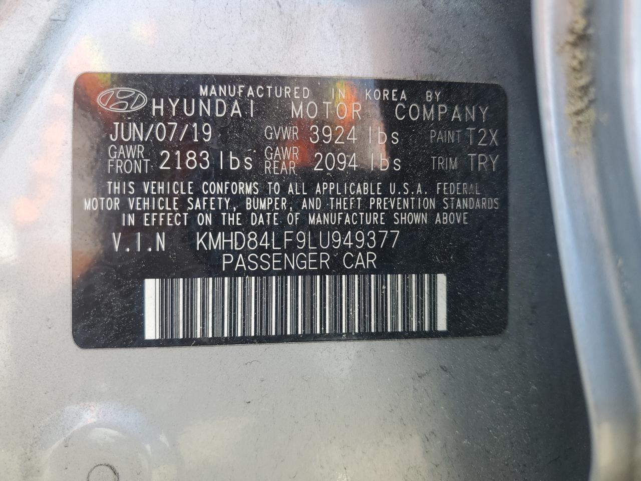 2020 Hyundai Elantra Sel VIN: KMHD84LF9LU949377 Lot: 58484684