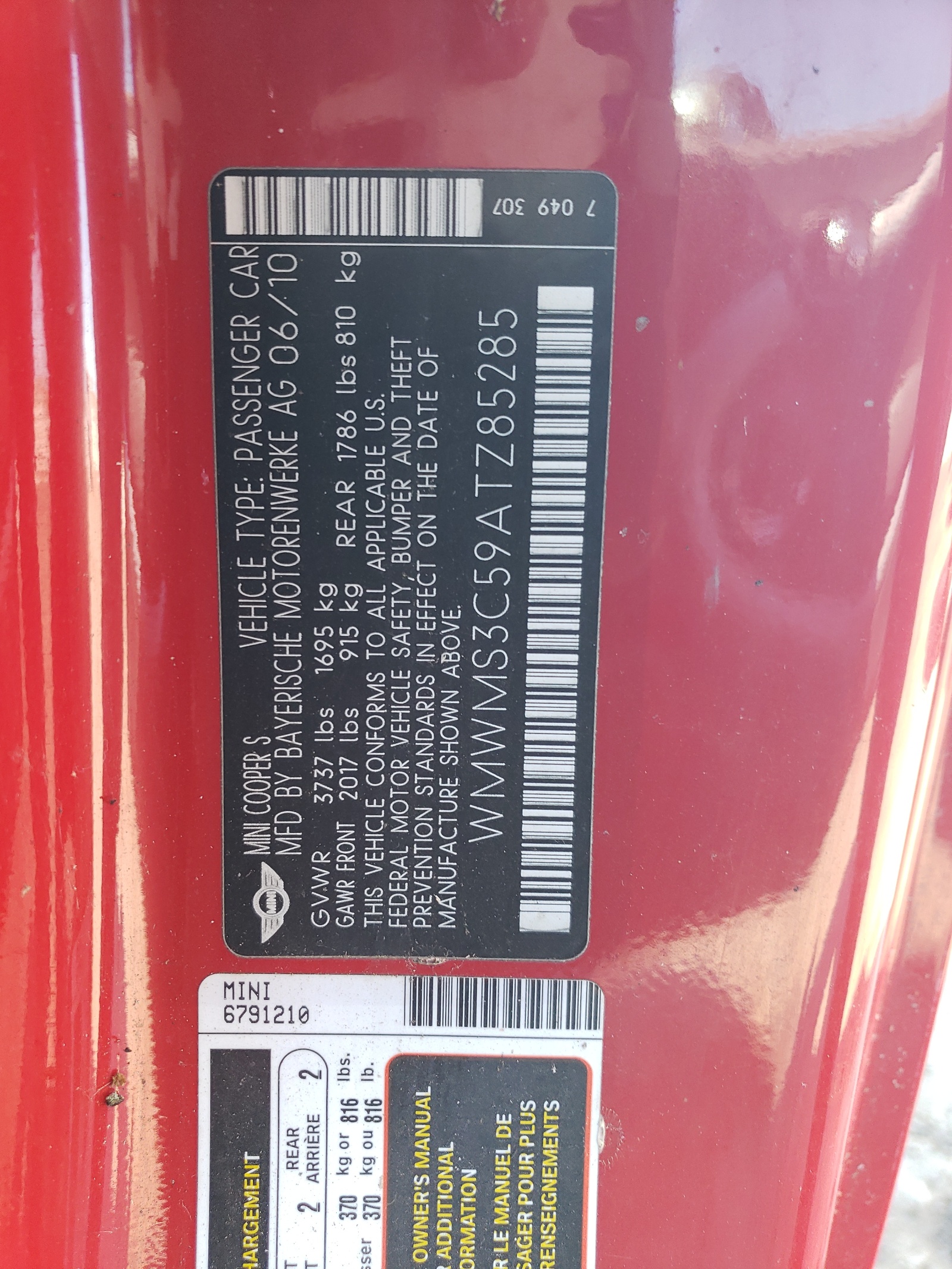 WMWMS3C59ATZ85285 2010 Mini Cooper S