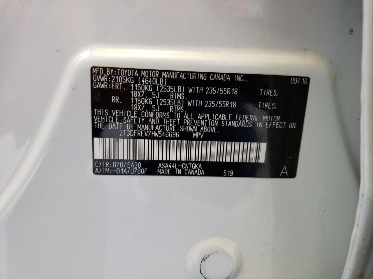 2017 Toyota Rav4 Limited VIN: 2T3DFREV7HW546696 Lot: 58864524