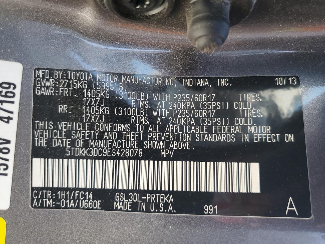 2014 Toyota Sienna Le VIN: 5TDKK3DC9ES428078 Lot: 58436374