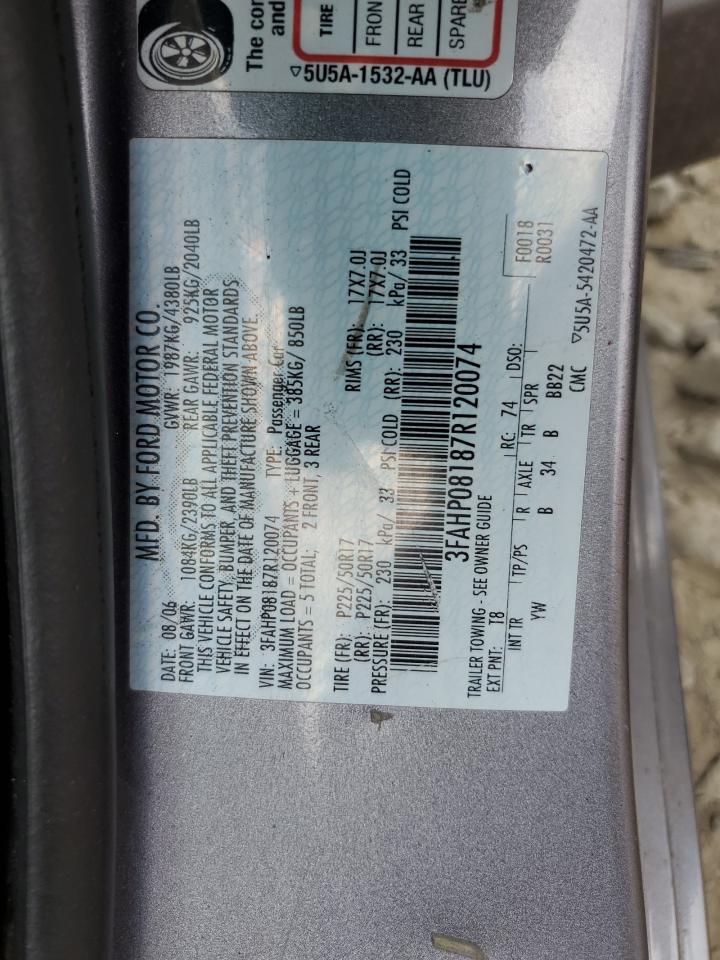 2007 Ford Fusion Sel VIN: 3FAHP08187R120074 Lot: 57291464
