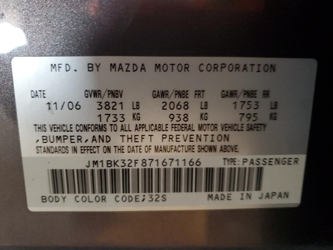 2007 Mazda 3 I VIN: JM1BK32F871671166 Lot: 60107434