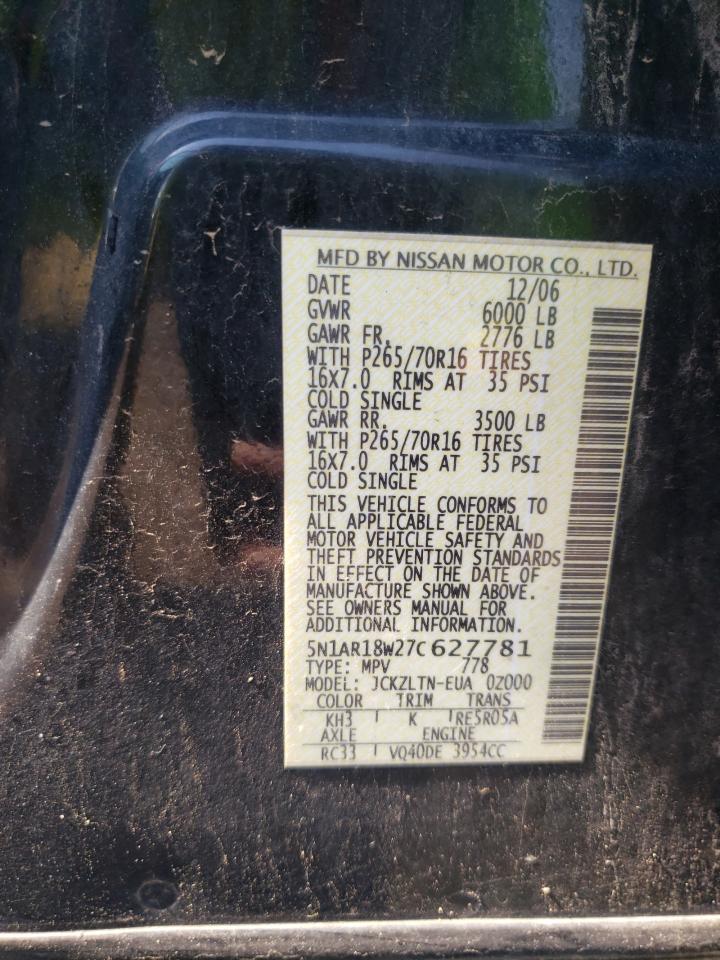 2007 Nissan Pathfinder Le VIN: 5N1AR18W27C627781 Lot: 59917424