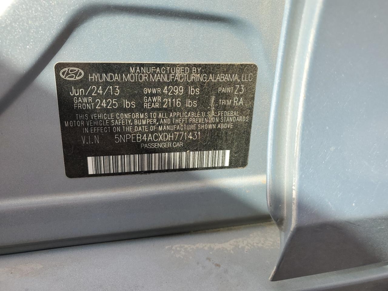 2013 Hyundai Sonata Gls VIN: 5NPEB4ACXDH771431 Lot: 59481284