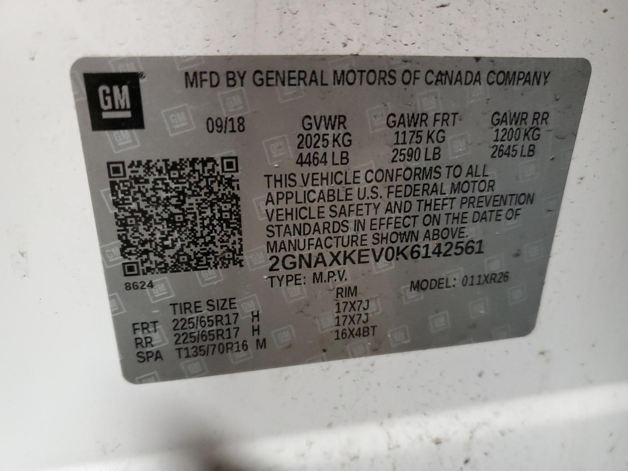 2GNAXKEV0K6142561 2019 Chevrolet Equinox Lt