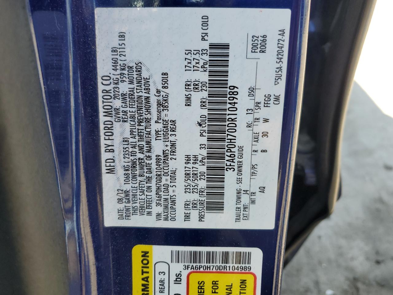 2013 Ford Fusion Se VIN: 3FA6P0H70DR104989 Lot: 59499934