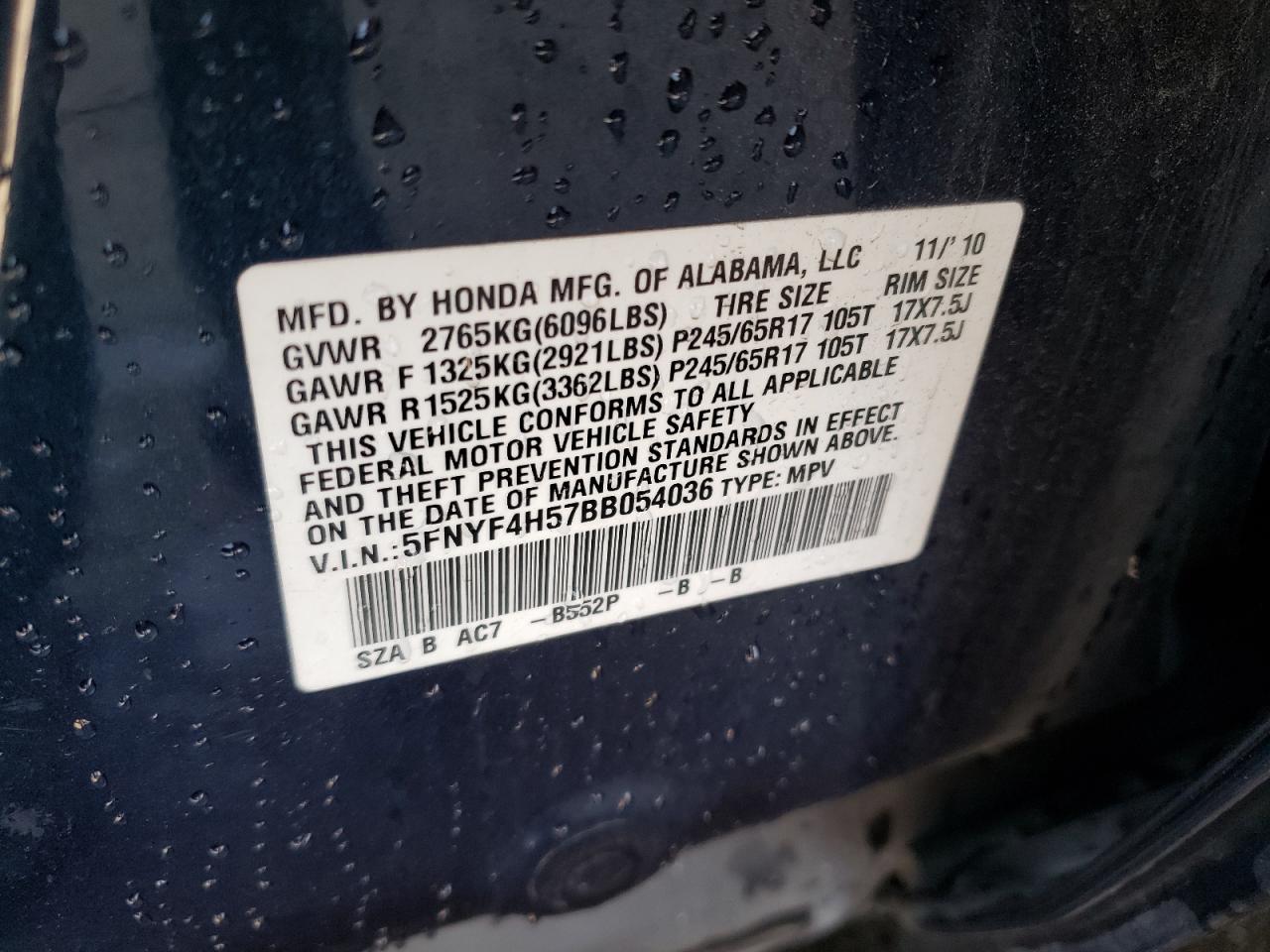 2011 Honda Pilot Exl VIN: 5FNYF4H57BB054036 Lot: 60962744