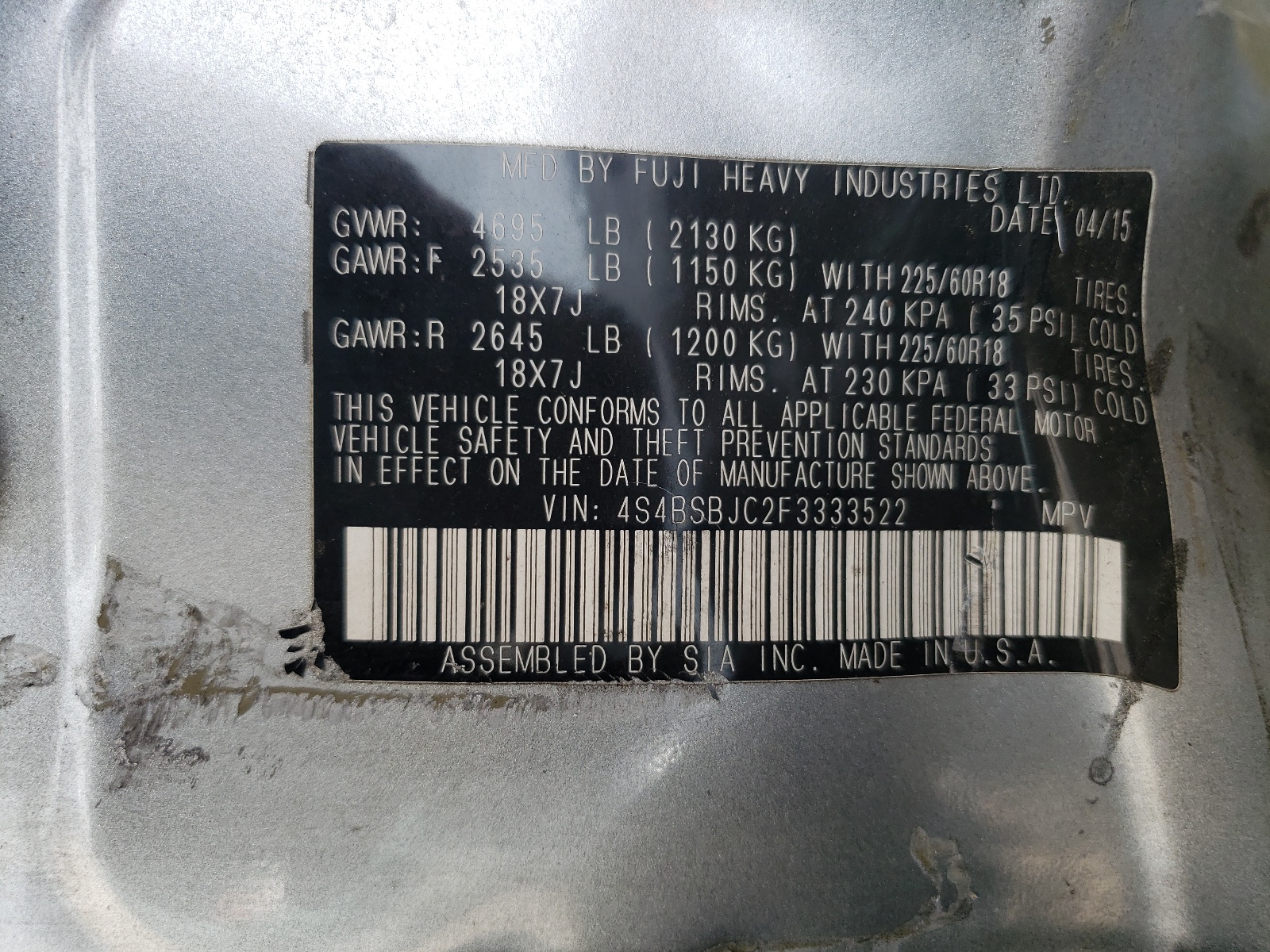 4S4BSBJC2F3333522 2015 Subaru Outback 2.5I Limited