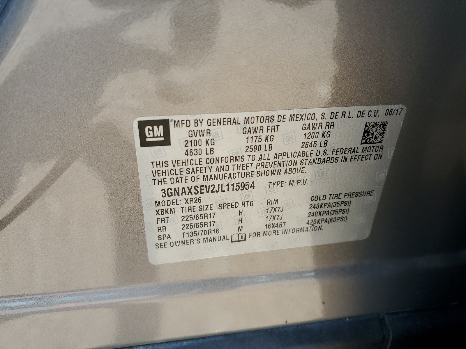 3GNAXSEV2JL115954 2018 Chevrolet Equinox Lt