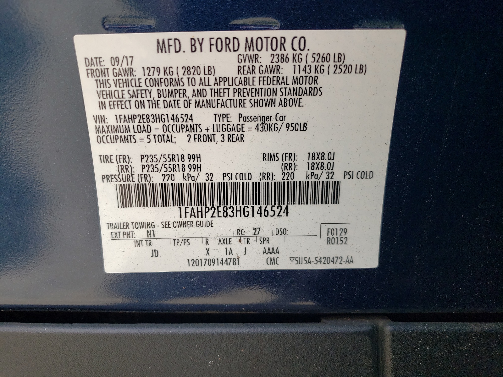 1FAHP2E83HG146524 2017 Ford Taurus Sel